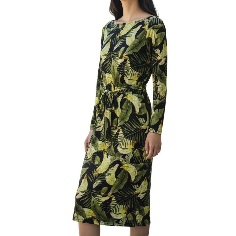 Va Va Voom Tropical Palm Banana Leaf Midi Dress Green Yellow Belted Medium